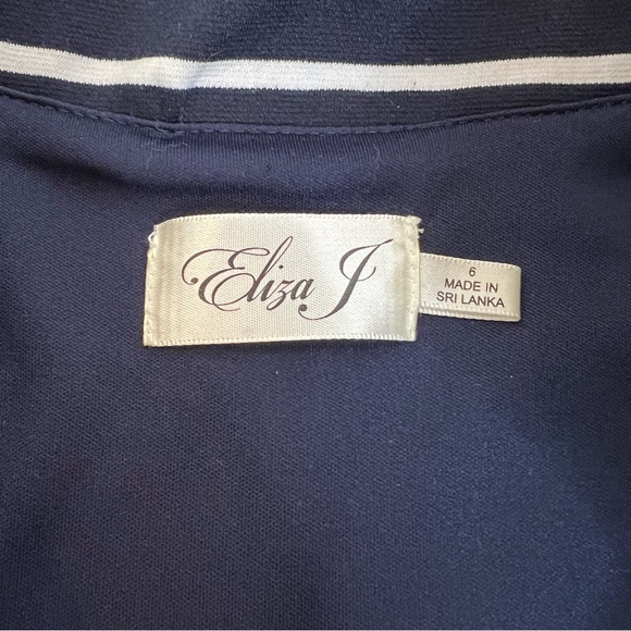 Eliza J striped a-line lace trim navy dark blue dress - Picture 2 of 10